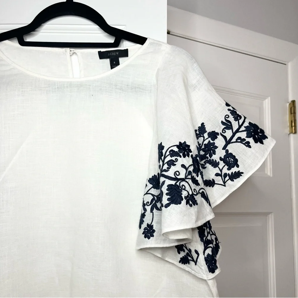 J. Crew White Linen Blouse with Blue Floral Embroidery - Picture 2 of 6